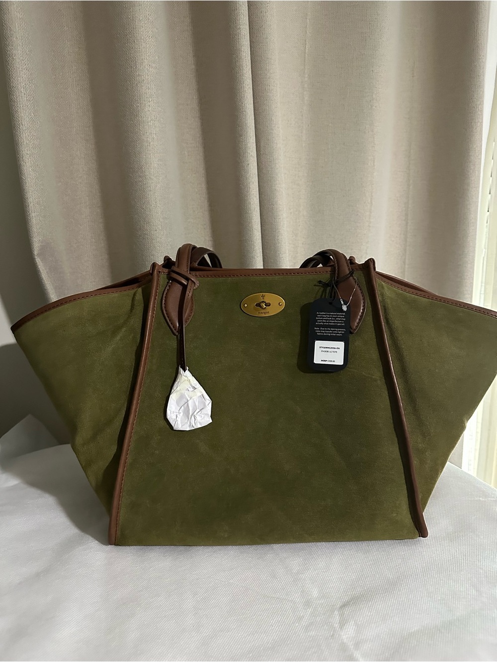 NWT Margot Olive Green Suede Tote Bag with Brown Trim